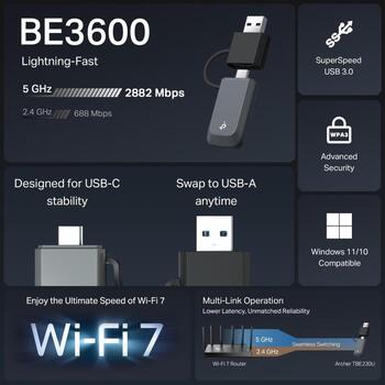 TP-Link BE3600 Dual Band Wi-Fi 7 Mini Wireless USB адаптер Archer TBE230U, 2.4 GHz, 5 GHz, 802.11ax, 688 Mbps, 2882 Mbps (Archer TBE230U)