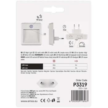 Emos LED Ночник P3319, 230 V, 0,5 W, 15 lm, 5 м, теплый белый свет, фото датчик, датчик движения, регулируемый режим (P3319)
