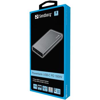 Sandberg Powerbank USB-C PD 100W 20000, 20000 mAh, 5 V, 2,4 A, 100 W, alumīnijs, LED, Quick Charge 3.0 (420-52)