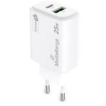 Mediarange strāvas adapteris MRMA112-2 25W, 1x USB-C, 1x USB-A, ātrā uzlāde, balts, polikarbonāts (MRMA112-2)