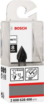 V-gropes frēze HM 60o, l=14 mm,kāts 8mm, Rokas frēzēm, malu frēzēm V VEIDA GROPJU FRĒZE STANDARD FOR WOOD V-GROOVE BIT, 2608628406, BOSCH (2608628406)