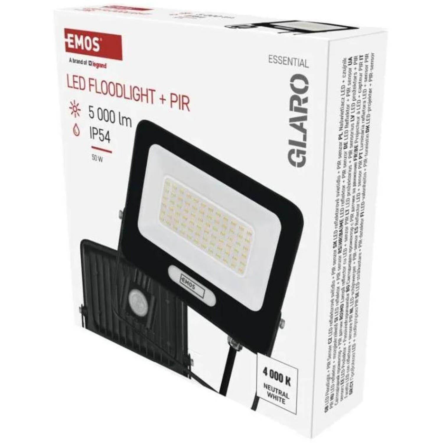 Emos LED прожектор GLARO ZS2344B, 50 W, 5000 lm, IP54, нейтральный белый, PIR датчик, алюминий, стекло (ZS2344B)