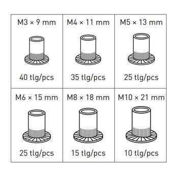 Hogert HT8G505 150 gab. kniedes uzgriežņu komplekts, tērauds, M3-M10, 4.8-12.9mm, 6 izmēri, kastītē (HT8G505)