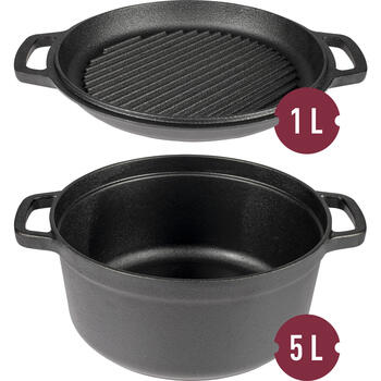 Browin čuguna katls ar pannu 330528, 5 l, 1 l, 26 cm, 21 cm, 12 cm, 15 cm, rokturi, vāks, grila panna, indukcijas, gāzes (330528)