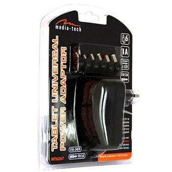 Media-Tech Planšetdatoru universālais strāvas adapteris MT6267v2, 3-12V, 1000mA, 110-240V, 6 uzgaļi, USB 5V/2A (MT6267v2)