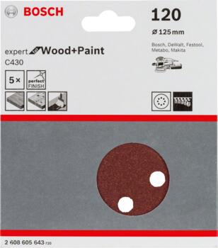 Slīppapīrs,kokam,PEX D=125mm,K120,5 gab., Ekscentra slīpmašīnām, ekscentra slīpmašīnām ar putekļu maisu C430 EXPERT FOR WOOD AND PAINT, 2608605643 BOSCH (2608605643)