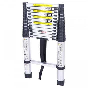Ecomax Teleskopiskās kāpnes EML0101 EMX, 3,8m, 150kg, 50cm, alumīnija, pretslīdes pakāpieni, rokturis, EN131 (EML0101&EMX)