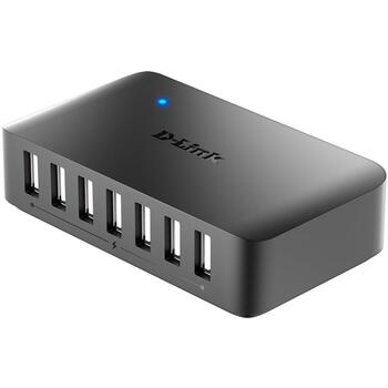 D-Link USB centrmezgls DUB-H7/E, 7x USB 2.0, 480 Mbit/s, 2.4 A, melns, Plug and Play, Mac saderība (DUB-H7/E)