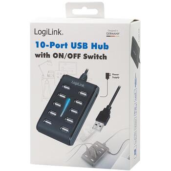 LogiLink USB концентратор UA0125, 10x USB 2.0, 480 Мбит/с, 5В 3.5А, черный, кнопка вкл выкл, защита от перегрузки (UA0125)