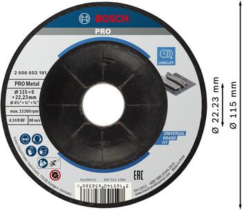 Slīpēšanas disks,izliekts Metālam,115X22X6 mm, Mazām leņķa slīpmašīnām PRO METAL SLĪPRIPA, 2608603181, BOSCH (2608603181)