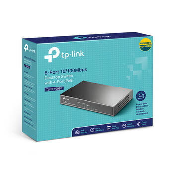TP-Link TL-SF1008P настольный коммутатор, 8x10/100Mbps, 4xPoE, 57W, 1.6Gbps, 2K MAC, без вентилятора (TL-SF1008P)