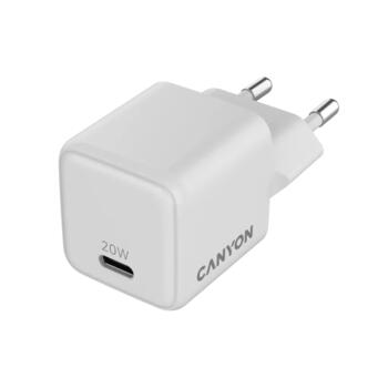 Kompakts sienas lādētājs ar GaN tehnoloģiju 20 W kopējo jaudu un 1×PD ātrās uzlādes portu CU20C EU Balts CNS-CUW20C CANYON (CNS-CUW20C)