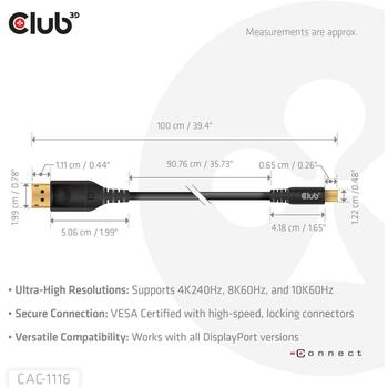 Club3D Mini DisplayPort на DisplayPort кабель CAC-1116 1м, 4K240Hz, 8K60Hz, 10K60Hz, 80 Гбит/с, 10240 x 4320 (CAC-1116)