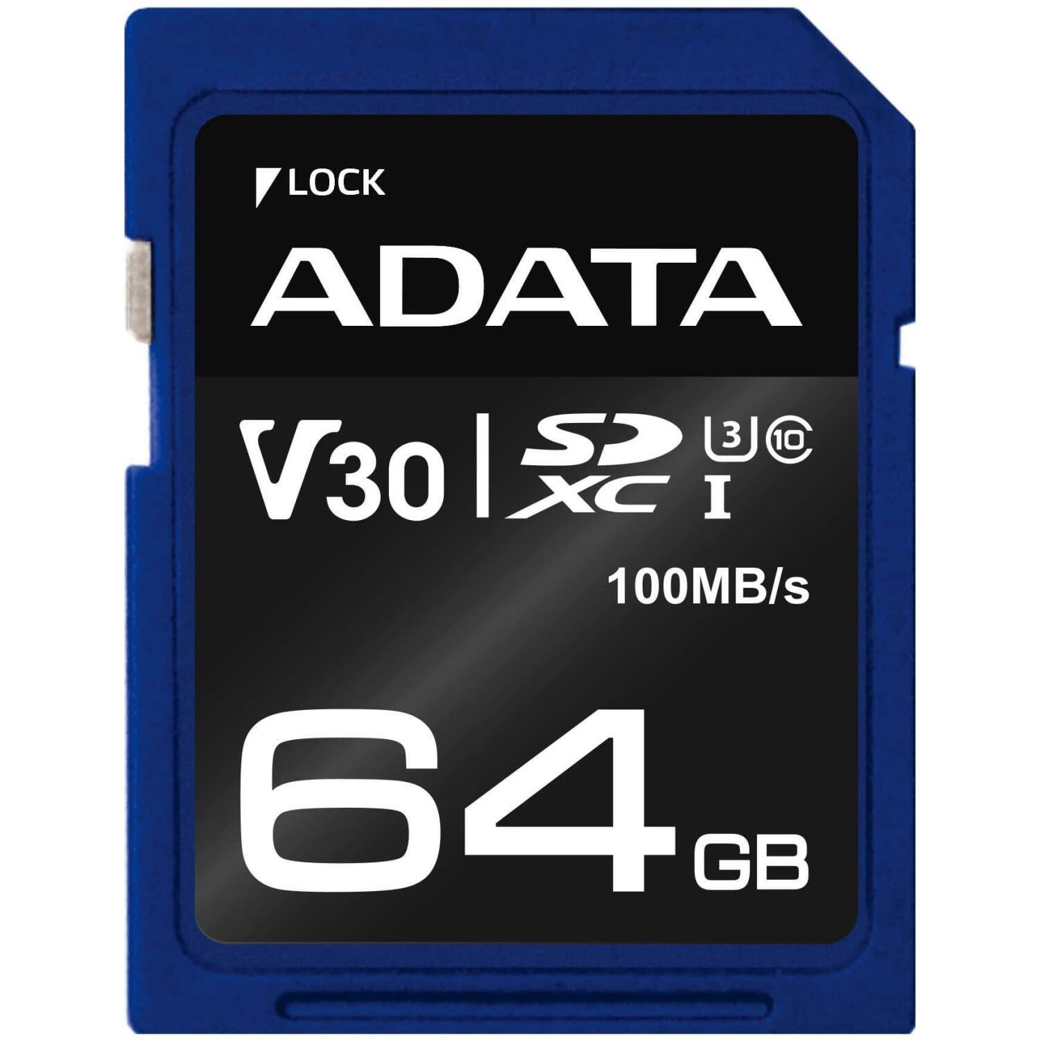 Adata карта памяти ASDX64GUI3V30S-R, 64GB, 100MB/s, 60MB/s, V30, UHS-I, Class 3, черный/синий (ASDX64GUI3V30S-R)