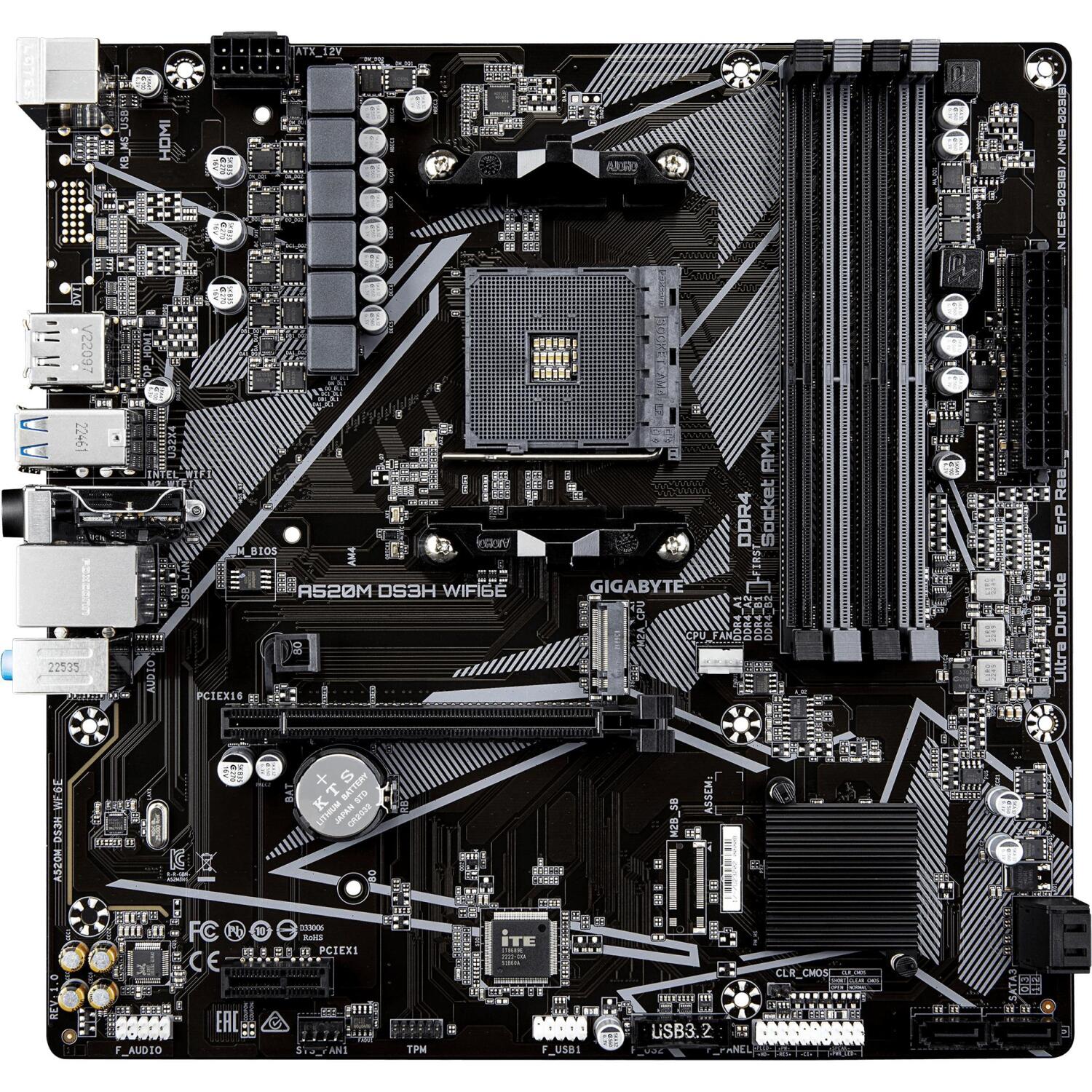 Gigabyte A520M DS3H WIFI6E, A520M DS3H WF6E, 4x SATA-600, 1x M.2, 128 GB, 4 DIMM DDR4, Gigabit Ethernet, HD Audio (A520M DS3H WF6E)