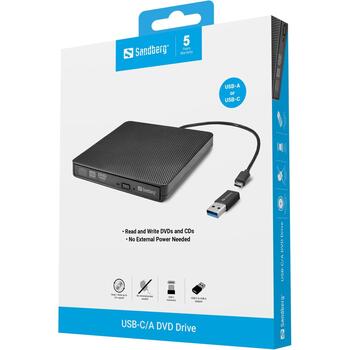 Sandberg 136-62 USB-C/A DVD-привод, DVD Super Multi DL, USB-C, лоток, черный, CD-R/RW, DVD±R/RW, DVD-RAM (136-62)