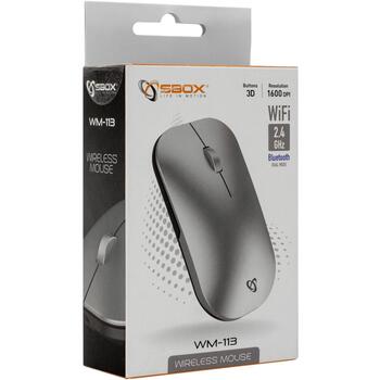Sbox Pele WM-113, 3 pogas, 1600 DPI, 500 mAh, BT, 2,4 GHz, pelēka, optiskais sensors (WM-113)
