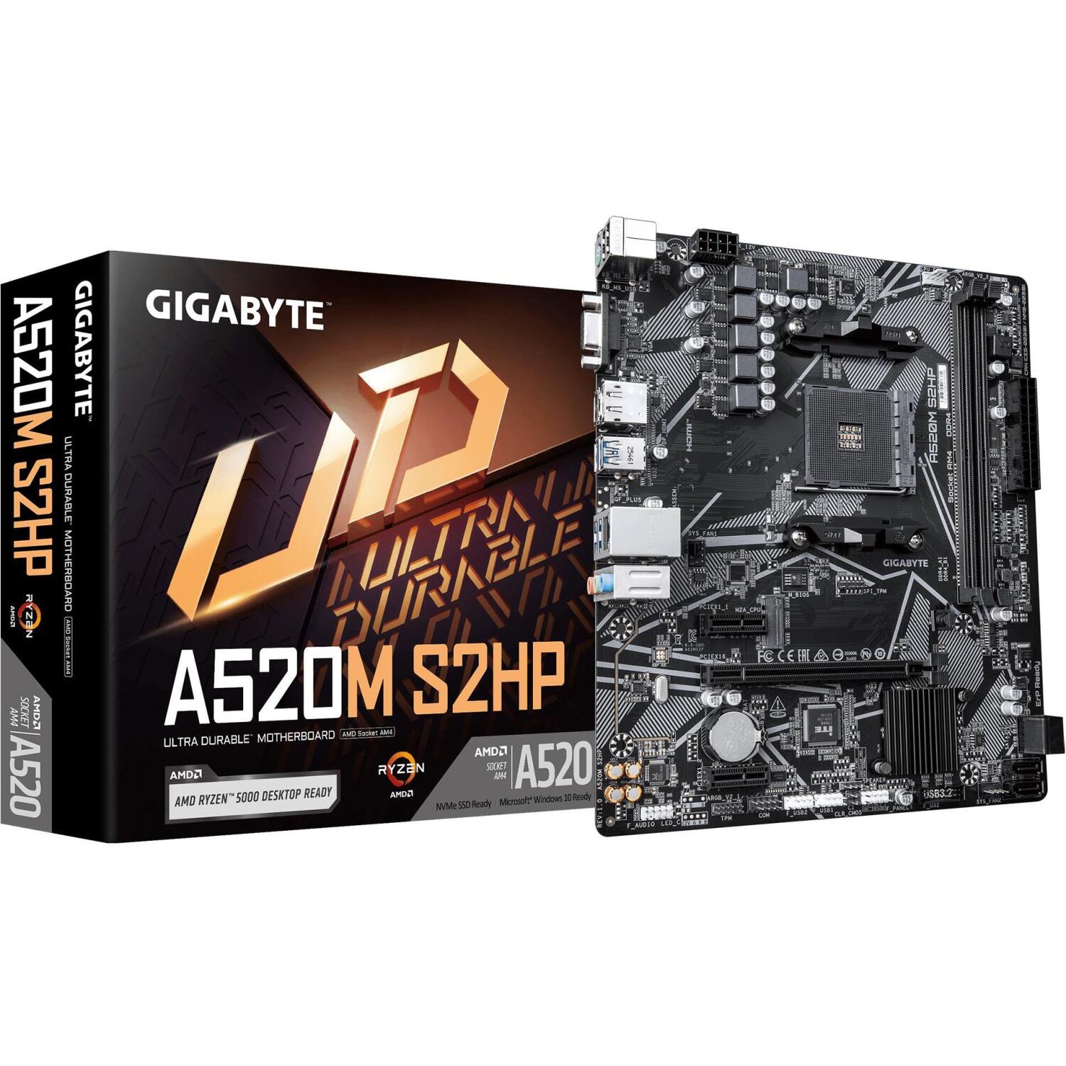 Gigabyte mātesplate A520M S2HP 1.0, Socket AM4, micro ATX, DDR4-SDRAM, 2x DIMM, 64GB, 1x M.2, PCIe 3.0, SATA, Gigabit Ethernet (A520M S2HP 1.0)