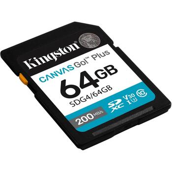Kingston Canvas Go! Plus SDXC SDG4/64GB, 64 ГБ, 200 МБ/с, 100 МБ/с, UHS-I, U3, V30, Class 10, exFAT (SDG4/64GB)