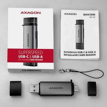 Axagon кардридер CRE-SAC, USB 3.2 Gen 1, 2 слота, 5000 Mbit/s, металлический корпус, поддерживает microSD, SD (CRE-SAC)