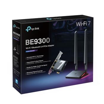 TP-Link Archer TBE550E BE9300 Wi-Fi 7 Bluetooth 5.4 PCIe trīs joslu adapteris 6 GHz 5760 Mbps 5 GHz 2880 Mbps 2.4 GHz 688 Mbps 2× antenas Melns (ARCHER TBE550E)