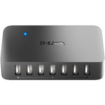 D-Link USB centrmezgls DUB-H7/E, 7x USB 2.0, 480 Mbit/s, 2.4 A, melns, Plug and Play, Mac saderība (DUB-H7/E)
