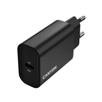 Компактное сетевое USB зарядное устройство с максимальной мощностью 30 Вт и 1×PD USB C портом OnCharge 30CL Max Power 30W EU Чёрный CNE-CHA30CLB CANYON (CNE-CHA30CLB)