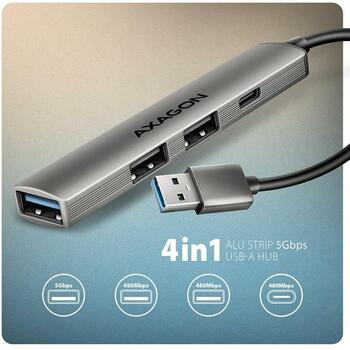 Axagon USB centrmezgls HUE-STA 4 porti, 1× USB-C 480Mbps, 3× USB-A 5Gbps, kabelis 12 cm (HUE-STA)
