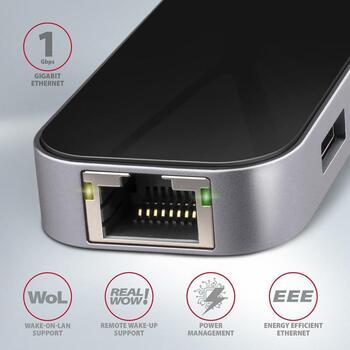 Axagon USB centrmezgls HMC-6GL 3x USB 3.2, 1x USB-C, 1x HDMI, 1x RJ-45, 5Gb/s, 100W PD, 110 x 35 x 13 mm (HMC-6GL)