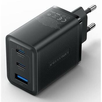 Vention зарядное устройство FERB0-EU 65W PD быстрая зарядка, 3 устройства, 2 USB-C, 1 USB-A, черный, GaN технология (FERB0-EU)
