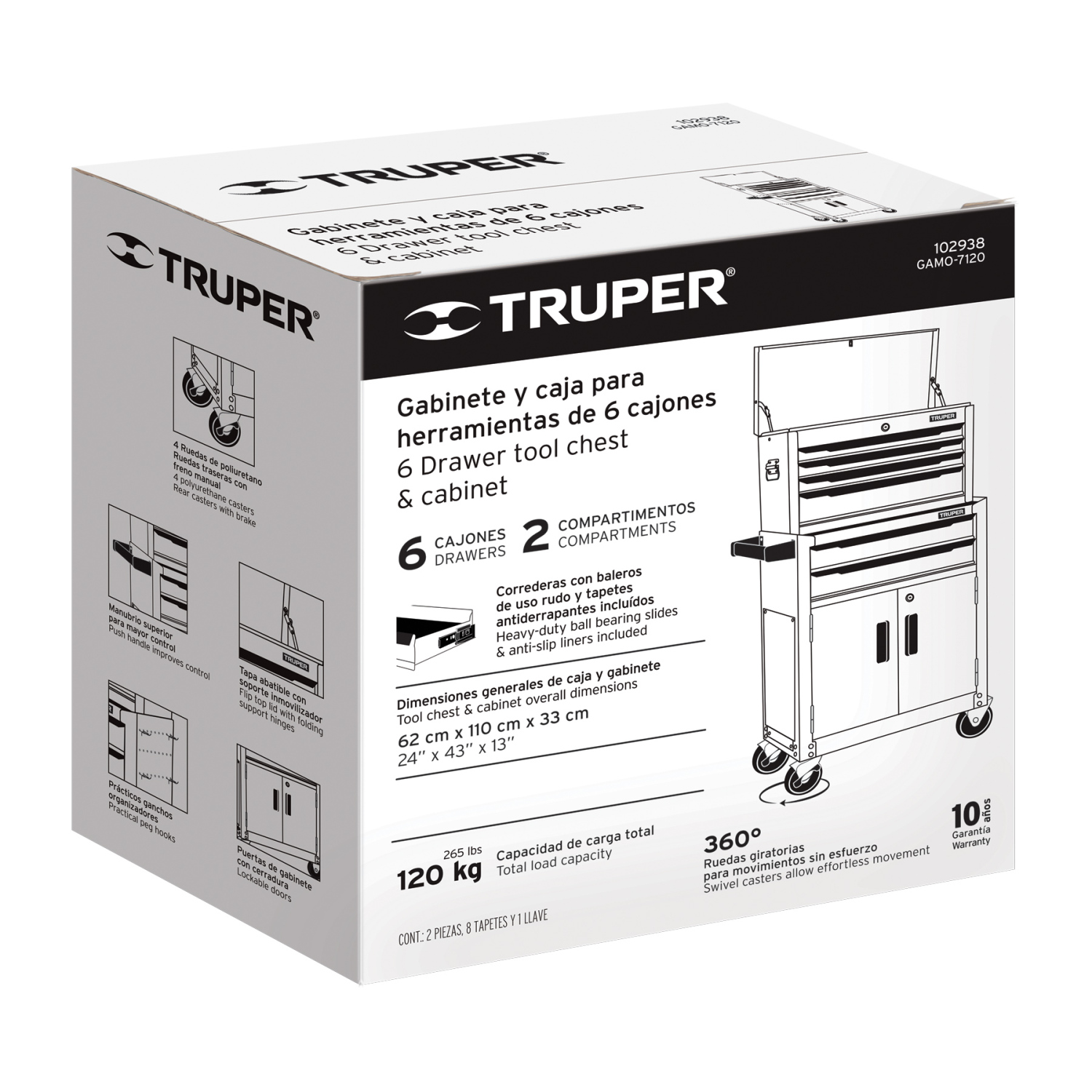 Metāla instrumentu rati ar 6 atvilktnēm un 2 nodalījumiem GAMO-7120 TRUPER (GAMO-7120)