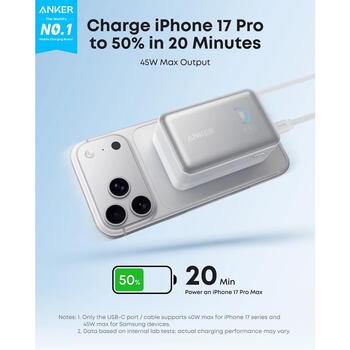 Супер компактный и мощный премиальный внешний аккумулятор 10000 mAh 45 W с USB-C PD и USB-A QC белый A1638H21 Anker (A1638H21)