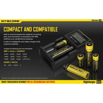 Nitecore Зарядное устройство D2EU, 2 слота, совместимо с Li-ion, Ni-MH, Ni-Cd, ЖК-экран, оптимизированная зарядка (D2EU)