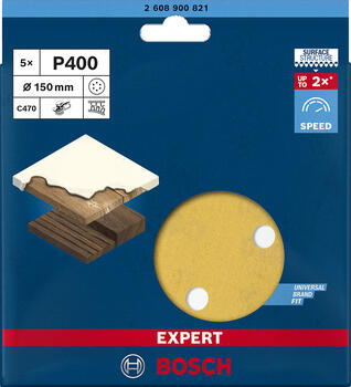 C470 smilšpapīra diski, 150 mm, G400, 5 gab., ātrai krāsas un koka slīpēšanai, 2608900821, BOSCH (2608900821)