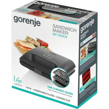 Gorenje Sviestmaižu gatavotājs SM703GCB, 700 W, 3 plātes, 2 konditorejas izstrādājumi, melns, viegli tīrāms, neslīdošas kājas (SM703GCB)