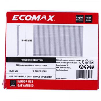 Ecomax отделочные гвозди EMNA001664GALV&EMX, 64 мм, 1,6 мм, 0°, 2500 шт, оцинкованная сталь, для внутренних работ (EMNA001664GALV&EMX)