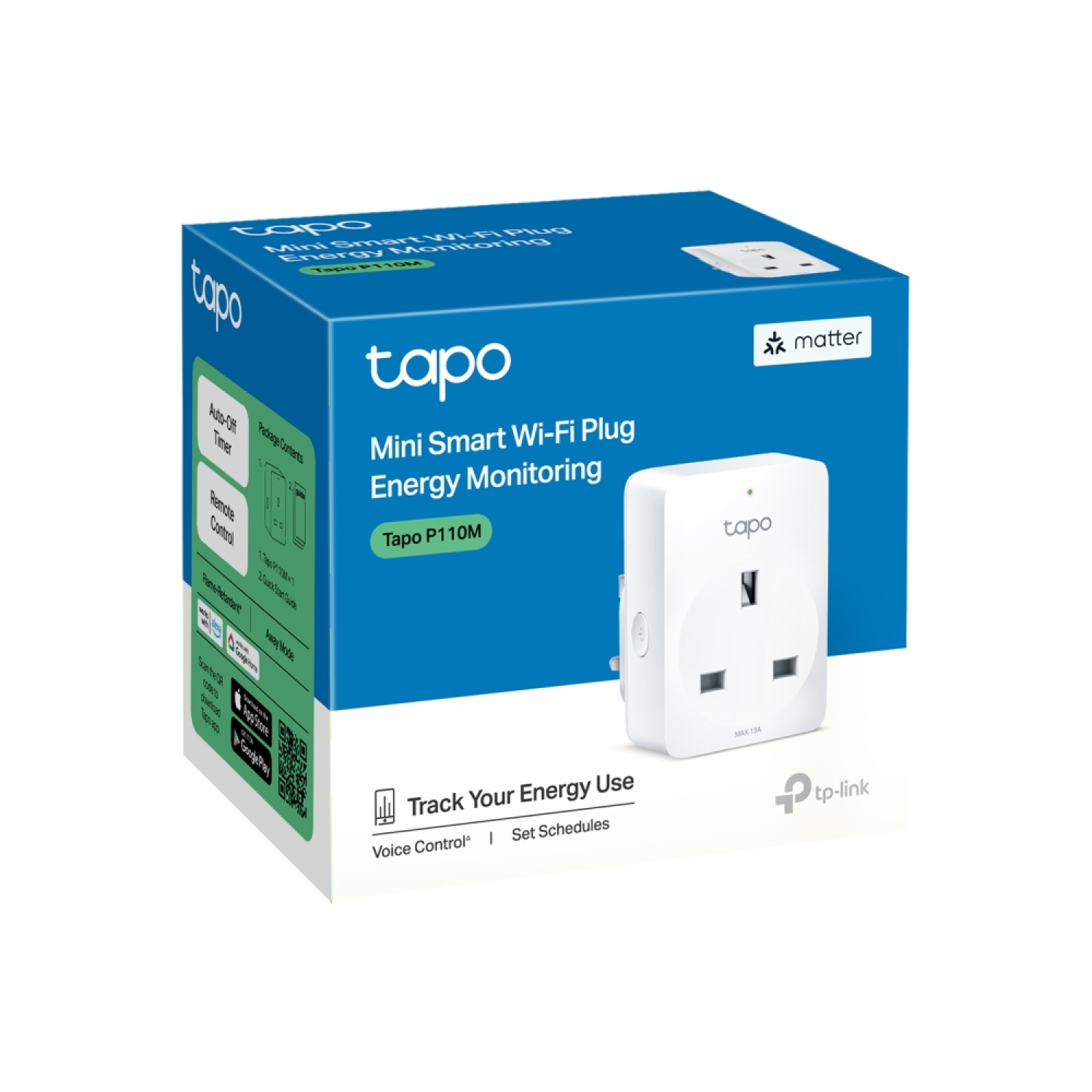 TP-Link Tapo P110M умная розетка, 13A, 2990W, 2.4GHz WiFi, Matter, контроль энергии, компактная (Tapo P110M)