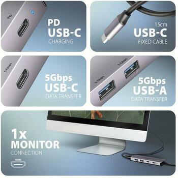 Axagon USB centrmezgls HMC-5H60 5in1, 2x USB 5Gbps, 1x USB-C 5Gbps, 1x HDMI, 100W PD, 0.15m kabelis (HMC-5H60)