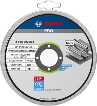 Griešanas disks Rapido 115x22x1mm,INOX 10gab., Mazām leņķa slīpmašīnām PRO STAINLESS STEEL AND METAL GRIEZĒJDISKS, 2608603254, BOSCH (2608603254)
