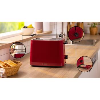 Bosch Galds maizes grauzdētājs TAT3M124, Jauda 950 W, Krāsa sarkana, 2 šķēles, Automātiskā izslēgšanās, Krusa trauks (TAT3M124)