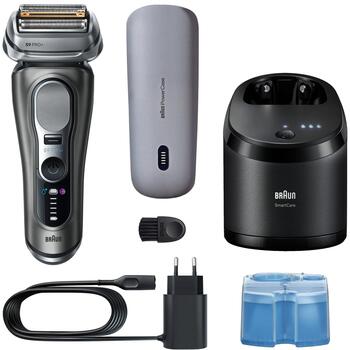 Braun skuveklis Series 9 Pro+ 9675cc, 60 min, mitrā un sausā, litija jonu, pelēks, 5+1 skūšanās elementi, ProTrimmer (9675CC)