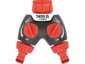 Yato sadalītājs YT-99848, 2 izejas, G3/4 (F), G1 (F), ABS, PP, POM, divu šļūteņu savienojums, neatkarīga plūsmas kontrole (YT-99848)