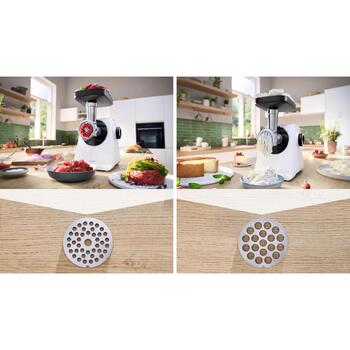 Bosch Gaļas mašīna MFWS607W, 2.1 kW, 3.5 kg/min, 2 ātrumi, metāla asmens, desu pildīšanas uzgalis, uzglabāšana (MFWS607W)