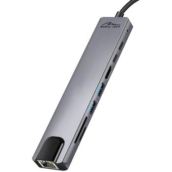 Media-Tech HUB 8 в 1 GIGA LAN MT5046, 100 Вт, 8 портов, 4K HDMI, USB-C PD, алюминиевый корпус (MT5046)