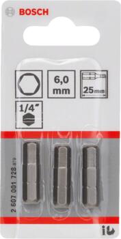 Skrūvgrieža uzgaļi Extra Hard, S2 tērauds, HEX6, 25mm, 3gab, 2607001728, BOSCH (2607001728)