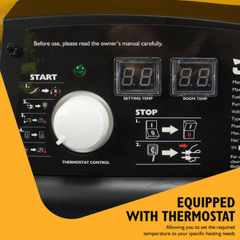 JCB JCB-SH215DP24 dīzeļa un petrolejas sildītājs telpu un halles apkurei 63kW 215000BTU 50L 5.8L/h līdz 1300m³ ar termostatu un riteņiem (JCB-SH215DP24)