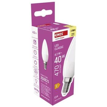 Emos LED лампочка Classic Candle ZQ3E21, 4,2 Вт, 470 лм, теплый белый, E14, 30 000 часов, 240°, 2 700 K (ZQ3E21)
