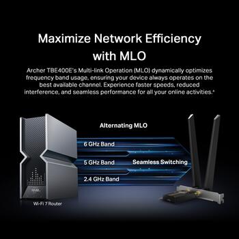 TP-Link Archer TBE400E BE6500 Wi-Fi 7 Bluetooth 5.4 PCIe адаптер три-диапазонный 2.4 GHz 688 Mbps 5 GHz 2882 Mbps 6 GHz 2882 Mbps Black (ARCHER TBE400E)