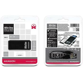 Axagon Karšu lasītājs CRE-X1 5 sloti, USB 2.0, 480 Mbit/s, atbalsta CF, MS, MicroSD, MMC, 26 g (CRE-X1)