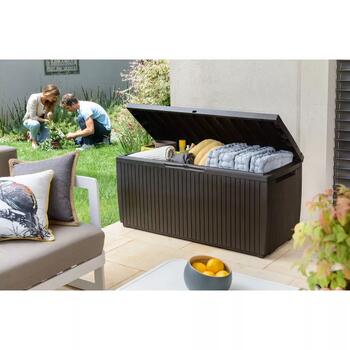 Keter Springwood Storage Box 305L коричневый, 29202378590, 305L, 123x53x57см, устойчив к погоде, сиденье для 2 (29202378590)